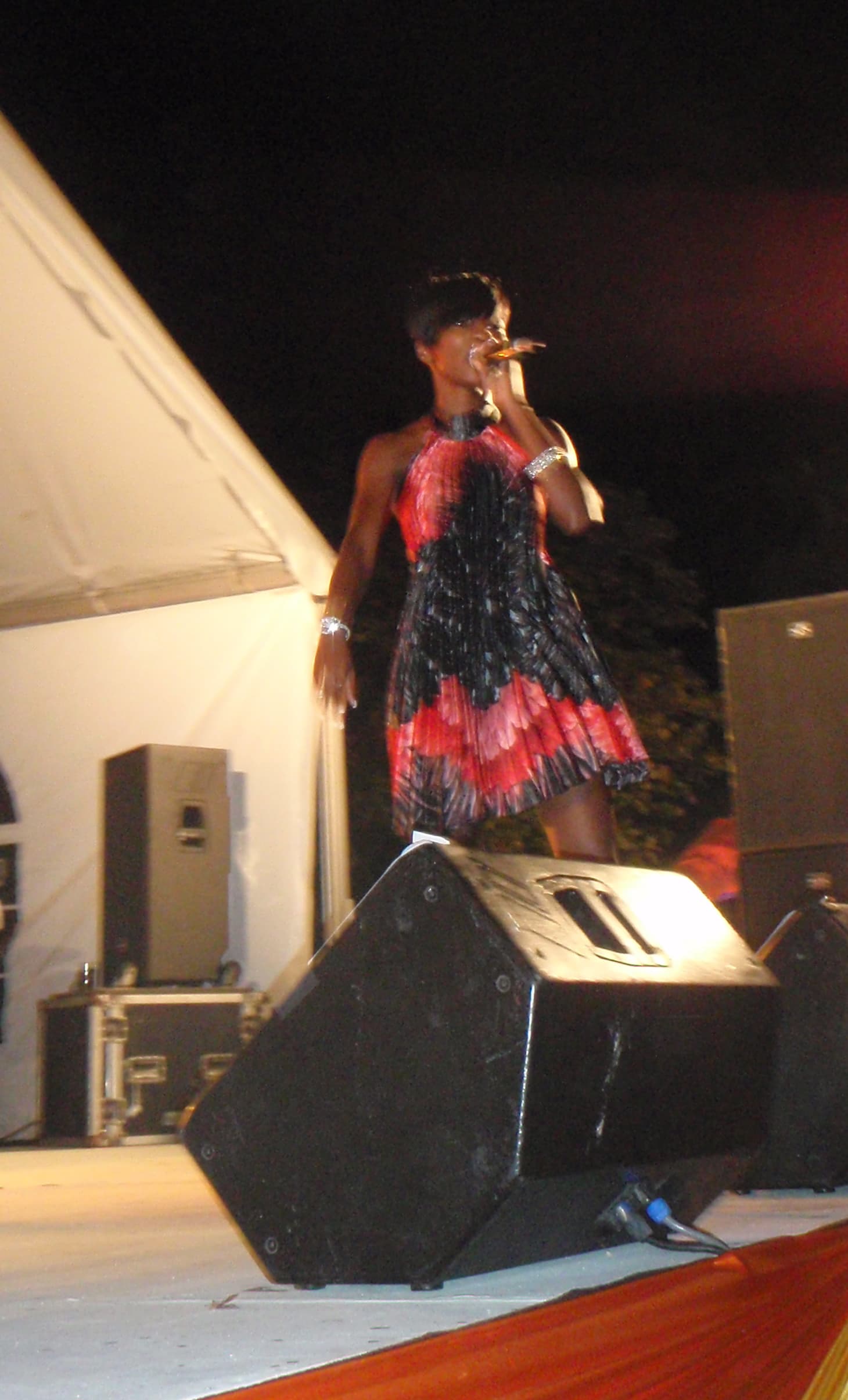 Patrice Roberts in a red and black dress singing on a night-time stage at a fete in Barbados