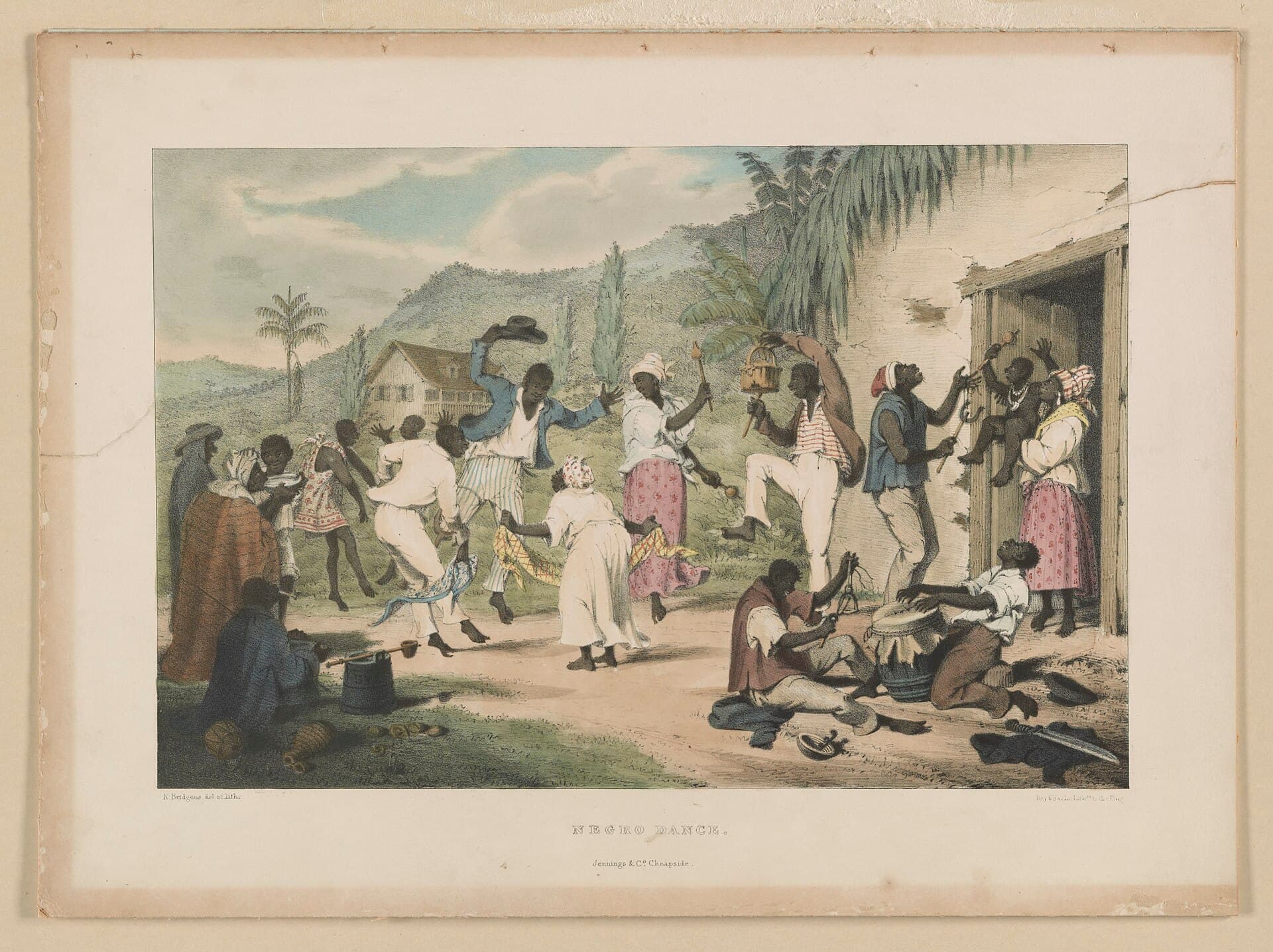 Colour 19th-century lithograph by Richard Bridgens showing African Trinidadians dancing, drumming and shaking rattles outside a house, with an estate house and green hills behind