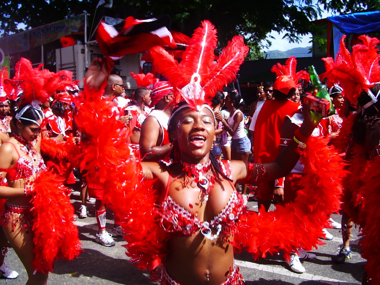 Masqueraders in red feathered costumes and headpieces dancing on the road during Trinidad Carnival 2006, one masquerader in front with arms outstretched and a Trinidad and Tobago flag waving above the crowd